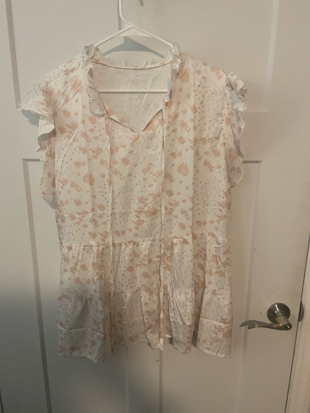 Light Floral V-Neck Ruffle Sleeve Tunic - Cream & Blush